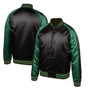 Black And Green Satin Jacket For Mens In Polyester Fabric With Contrast Elastic Knitted Rib