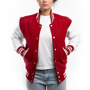 Veste de sport pour femme en laine rouge et manches en cuir blanc brillant, sur mesure, respirante - Product Image 1