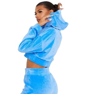 Ensemble de survêtement réversible pour femme en velours bleu épais, avec pantalon de jogging large et sweat à capuche court - Product Image 2