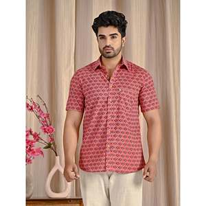 Chemise décontractée pour homme en coton pêche imprimé, col montant, manches courtes, tissu popeline respirant, taille 6XL - Product Image 3
