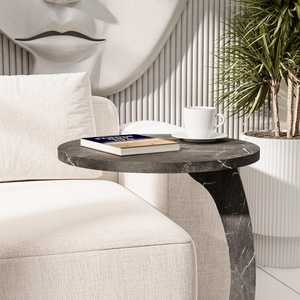 Table en bois en forme de C Table de chevet élégante avec surface en bois massif pour décor de salon ou de bureau avec de petites roues - Product Image 5