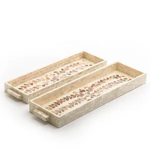 Ensemble de 2 plateaux de vadrouille en bois rectangulaires de haute qualité fabriqués à la main belle incrustation de perles de mère en gros plateaux de parfum de thé décoratifs - Product Image 1
