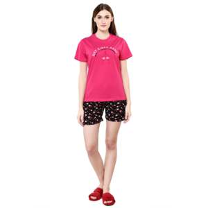Ensemble short et haut en jersey imprimé vin rouge col rond Prism Fushia pour femme Evolve (Prism Fushia & Noir S) - Masque pour les yeux personnalisé offert - Product Image 1