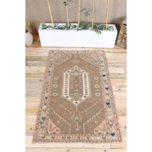 Rug Turkish Rug, 3.8x6.2 ft Vintage Rug, <b>Brown</b> Floral <b>Wool</b> Rug - Product Image 1