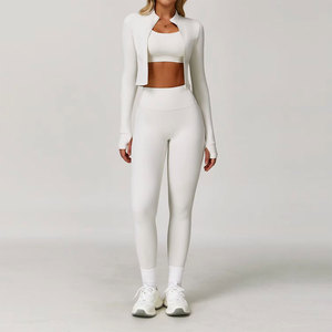<b>Women</b> 3 Piece Yoga Set Light Blue Quarter-Zip <b>Crop</b> Top High Waist Full Length <b>Leggings</b> Seamless Spandex Polyester Sweat-Wicking - Product Image 2