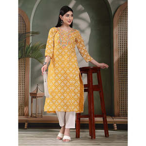 Kurta Recta para Mujer con Estampado Floral y Bordado, Cuello Asimétrico con Muescas, Algodón Puro Transpirable, Ajuste Holgado, Talla XL - Product Image 3