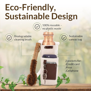 Bouteille d'eau en cuivre pur 100% pour boire une bouteille en cuivre ayurvédique martelée de 32oz avec sac en toile et brosse de nettoyage étanche - Product Image 2