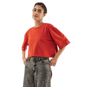 เสื้อยืดครอปสำหรับผู้หญิงเสื้อยืดคอกลมเข้ารูปผ้าคอตตอนสีแดงดีไซน์ใหม่สำหรับฤดูร้อนป้ายโลโก้ขนาดพิเศษออกแบบได้ตามที่ต้องการ - Product Image 4