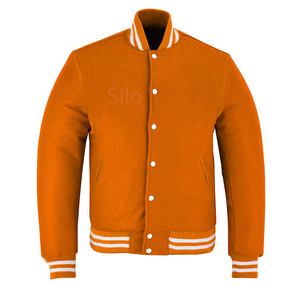 แจ็คเก็ตเบสบอลแบบ Varsity คอตั้ง สไตล์คลาสสิค ทำจากผ้าขนสัตว์ แต่งขอบสีขาว-ส้ม ราคาขายส่ง OEM MOQ ต่ำ - Product Image 1