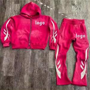Venta al por mayor desgastado bordado verano Sweatsuit Sun Faded ácido lavado con capucha chándal con capucha conjunto - Product Image 2