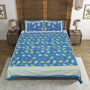 Parure de lit double en coton bleu imprimé Jaipuri 240 TC avec 2 taies d'oreiller, ensemble 3 pièces pour lits King Size, 100% coton, usage domestique - Product Image 2