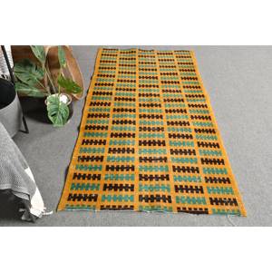 Alfombra turca Vintage bohemia de 3,1x6,4 pies, diseño de retazos verde amarillo, técnica de tejido plano de látex de lana para pasillo de entrada - Product Image 4