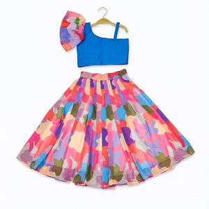 Robe de fête indienne pour tout-petits, Shoryam Fashion Girls, choli en soie bleue sans manches, jupe en organza à imprimé évasé, lehenga - Product Image 2