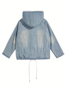 Chaqueta con Capucha de Mezclilla Azul Claro con Forro de Piel Sintética, Cierre de Botones, Corte Holgado, Abrigo Casual de Invierno, Lavado Desgastado, Elegante - Product Image 2