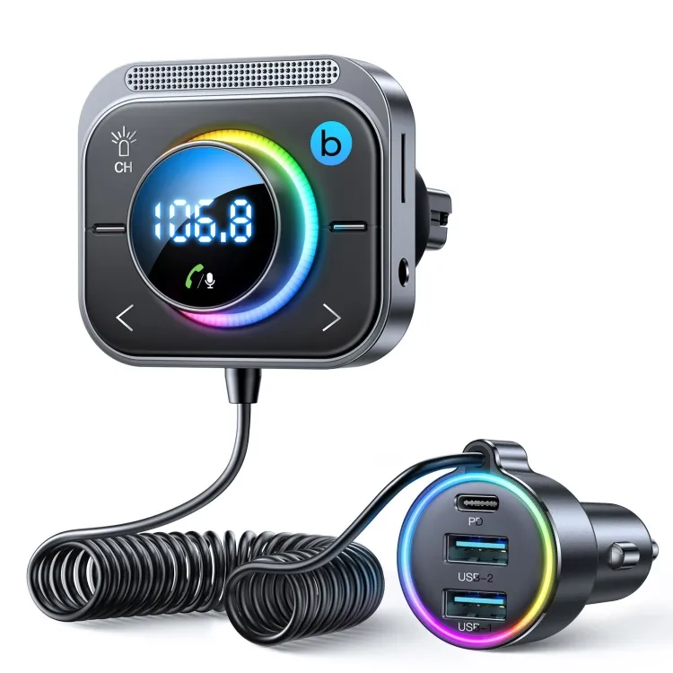 Multi-port Car Wireless FM Transmitter with Fm Speaker Built-in Speaker QC3.0 and one PD 30W Fast Charging Ports