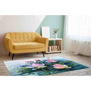 Tapis Fleur de Lotus : Tapis imprimé avec motif botanique aquarelle, tapis à poils doux - Product Image 5