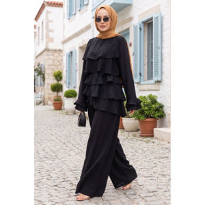 Conjunto de Dos Piezas Negro para Mujer, Túnica de Crepé Floral con Pantalones, Capas con Volantes, Largo Corto, Decoración con Logotipo, Trajes Formales de Verano, Talla XS - Product Image 1