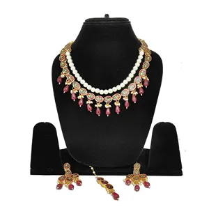 Classic and Trendy Maroon <b>Pearl</b> Kundan <b>Set</b> with Gold Plating Diamond and Freshwater <b>Pearl</b> for Wedding Party Engagement Gift - Product Image 3