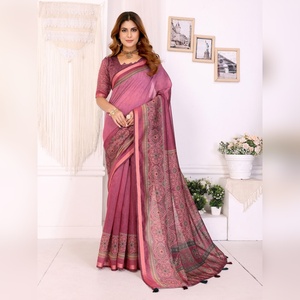 Sari Indio Rosa Palo de Rosa para Mujer, Festivo, para Bodas, con Borde de Motivos Étnicos, Listo para Usar, con Blusa - Product Image 5