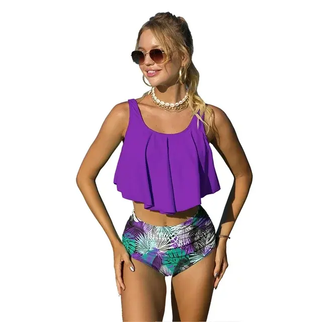 Costume da bagno donna costume da bagno a vita alta costume da bagno Bikini a due pezzi con balza per donna