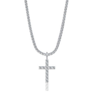 Hip Hop Style 925 <b>Sterling</b> <b>Silver</b> Gold Plated Round Brilliant Cut Diamond Tennis Chain <b>Cross</b> Pendant Men's Necklace - Product Image 3