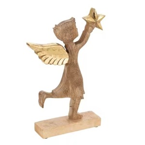 Ensemble de deux figurines d'anges de Noël décoratives en métal argenté avec bases et têtes en bois, élégant pour la table ou l'étagère de Noël - Product Image 4