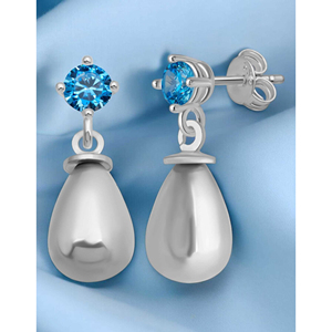 Nuevos pendientes de plata de ley 925 con circonita azul de 4 mm y perla de concha blanca de Turquía. - Product Image 6
