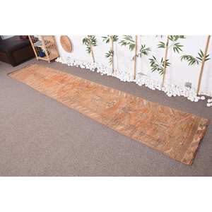 Tapis en laine orange vintage 2.1x11.8ft grande surface avec motif géométrique Patchwork Latex soutenu pour couloir ou décor de chambre - Product Image 1