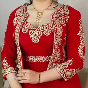 Latest-Beautiful-Algerian Elegant Red Jacket-Karakou DRESS with Embellished Glass Beads Pearls Dabka work on <b>Velvet</b> Fabric=2025 - Product Image 1