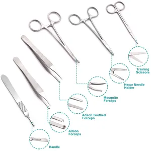 6 قطع من مجموعات خياطة الجراحة مع سكين مقص ملقط مجموعة أدوات إسقاط الإبر مع حقيبة جلدية