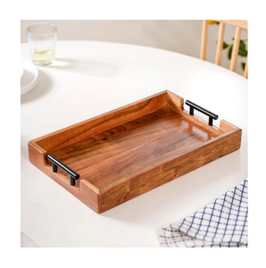 Plateau de service rectangulaire en bois massif de qualité supérieure, élégant plateau en bois foncé à emboîtement avec poignées en métal pour la décoration de la maison et le service hôtelier - Product Image 2