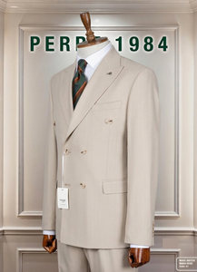 PERRE Men's Beige Viscose/Polyester Double Breasted Business <b>Suit</b> British Style Mandarin Collar Regular Fit Plus Size - Product Image 4
