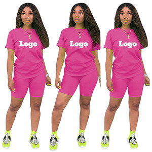 High Quality Women's Summer Short Sleeve Neck T-Shirt and Biker Shorts Set Custom Logo Lace Decoration - Product Image 2