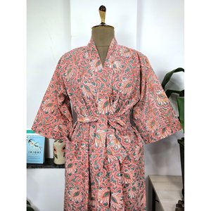 Boho Style Lightweight Cotton Kimono Indian Handprinted Cherry Blossom Botanical Luxury Summer <b>Beach</b> Holiday Cover-Up <b>Robe</b> - Product Image 4