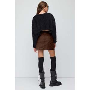 Velvet Trim Straight <b>Mini</b> <b>Skirt</b> Casual Empire Waistline Satin Lace Knitted Patchwork Design XS Featuring <b>Feathers</b> Bows Print - Product Image 5