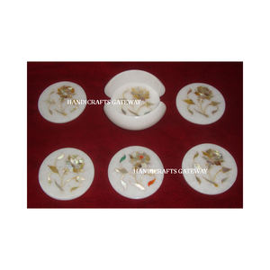 Ensemble de sous-verres en marbre blanc fait main, magnifiquement incrustés, très demandés, à utiliser sur les verres, pour la maison, la cuisine et les restaurants. - Product Image 3