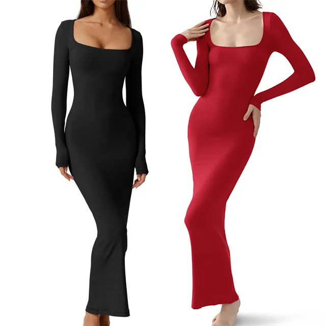 Women's Square Neck Long Sleeve Maxi Dress Ribbed Bodycon Dresses for Women Soft Lounge Dress