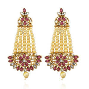 Kriaa <b>Fine</b> <b>Dangle</b> Pink Kundan Gold Plated <b>Earrings</b> 1313003D Model - Product Image 1