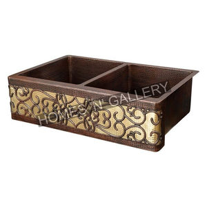 Tablier de ferme avant Design antique Cuivre fait à la main Double bol Évier de cuisine en cuivre antique - Product Image 1