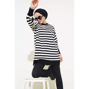 Tunique en Maille Pique Rayée Noir - Product Image 1