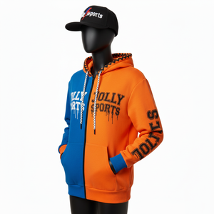 Sweat à capuche zippé pour femme en molleton épais 320 GSM, mélange de coton doux, panneau bleu orange, logo imprimé en caoutchouc personnalisé, fermeture éclair - Product Image 4