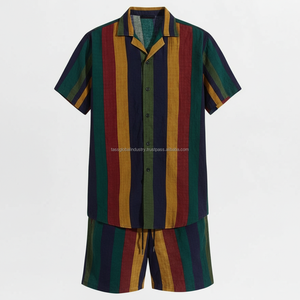 Ensemble de shorts rayés pour homme sur mesure OEM - Rayures verticales rétro multicolores, tenue décontractée d'été en 2 pièces - Product Image 1