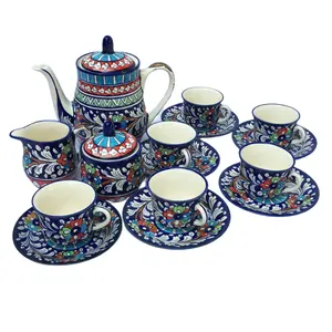 Blue Pottery Hand Painted Ceramic Beautiful Tea Sets, Hand Glazed Blue Pottery Tea Pots with Cups, Home Decor Tea Sets