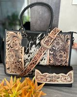 Buatan Tangan Rambut Tooled Nyata Pada Kulit Bulu Kulit Tas Bahu Wanita Gaya Barat Baru dan Dompet Ukiran Set Kombo Unik
