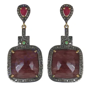 Boucles d'oreilles pendantes de luxe pour femme, plaquées or 18 carats, serties de rubis, forme géométrique, bijoux de mariage, pierres précieuses rouges - Product Image 2