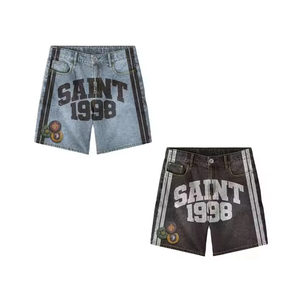 Custom Men's Vintage Oversize Denim <b>Jean</b> Shorts Breathable <b>Raw</b> <b>Hem</b> Embroidery Distressed Applique Mid Streetwear Print Y2K Style - Product Image 5