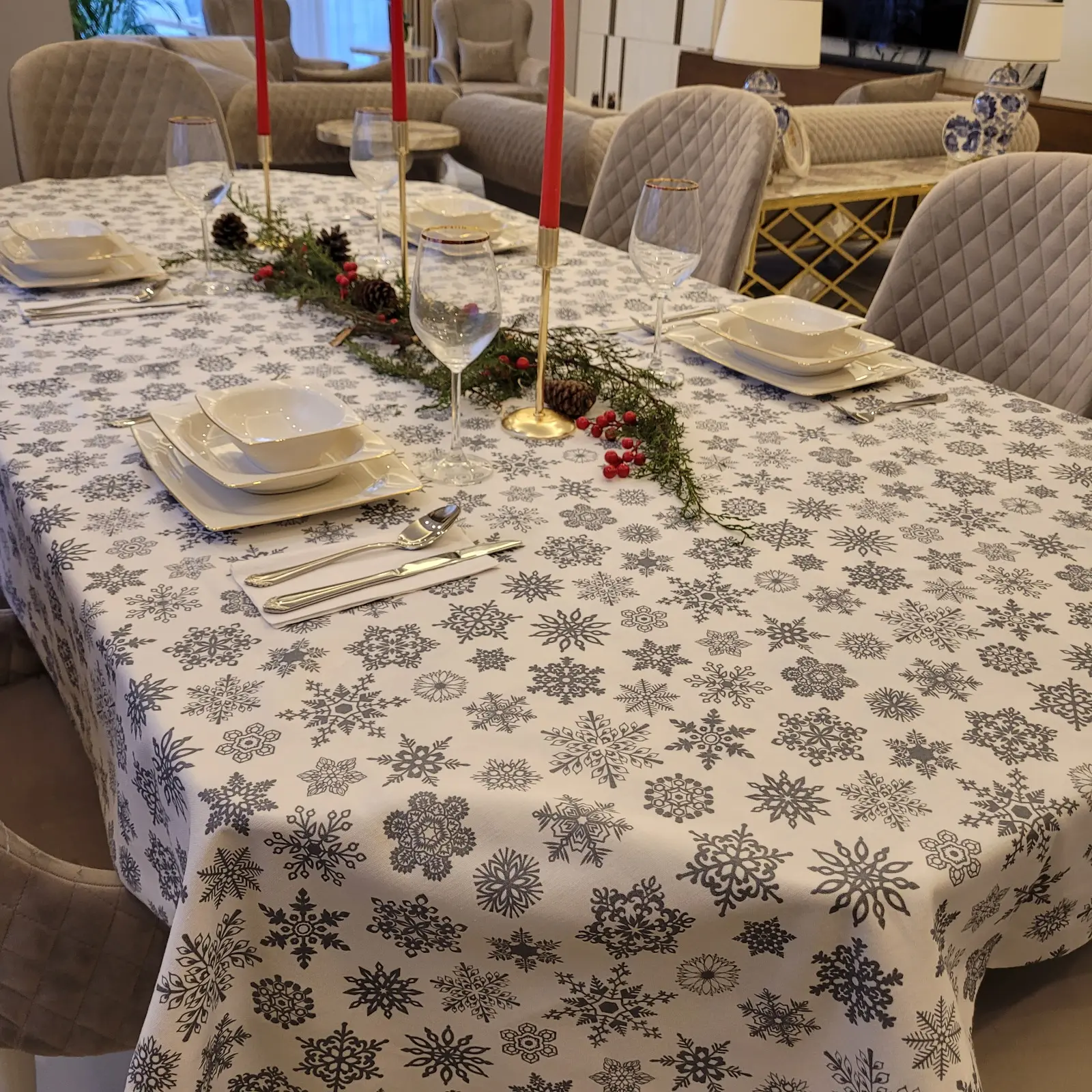 クリスマステーブルクロスのんきなテーブルクロススノーフレーククリスマスコンセプトグレーホワイトテーブルクロス