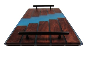 Bandeja de seguridad alimentaria hecha a mano con juego de posavasos de 4 piezas Bandeja de servicio de madera de acacia y resina con mango de metal restaurante y suministros de hotel - Product Image 2