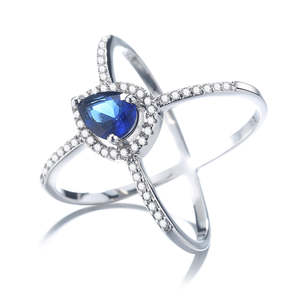 Anello a X in Argento Sterling con Design a Goccia d'Acqua, Zaffiro Rosa e Diamante, Placcato in Rodio, Taglio Geometrico per Occasioni Speciali - Product Image 1