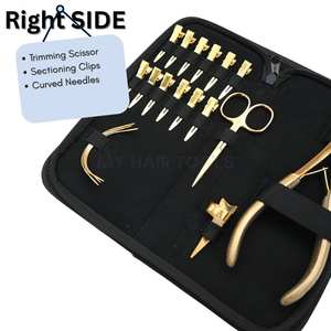 Gold Hair <b>Extension</b> Tools Kit with Heavy Duty Crimping Plier Flat Tip Quick Parting Ring Trimming Scissors Curved Needles Clips - Product Image 3